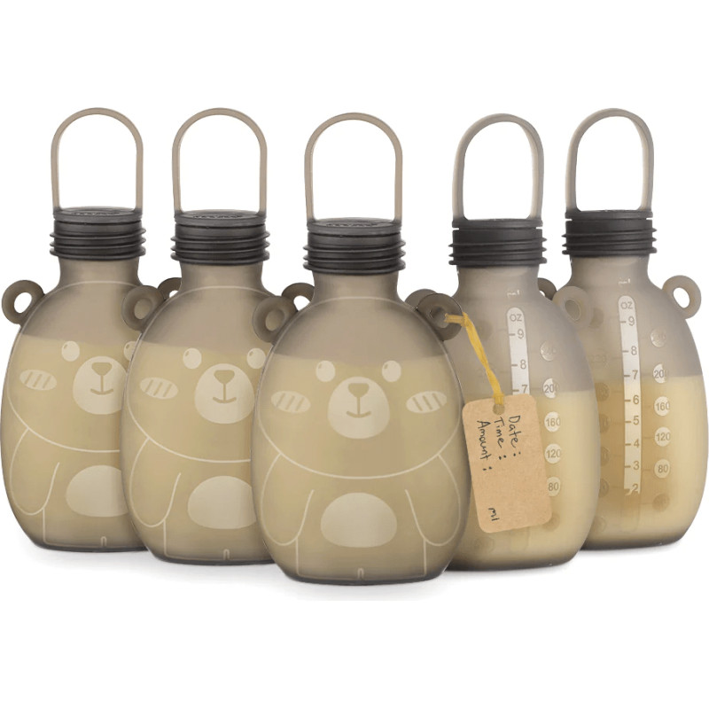 Haakaa - 5-pack Happii Bear Silicone Milk Storage Bag - Grey - 260 ml