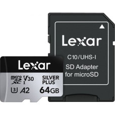 Lexar Memory card microSD 64GB C10 A2 U3 V30 205/100MB/s Silver Plus
