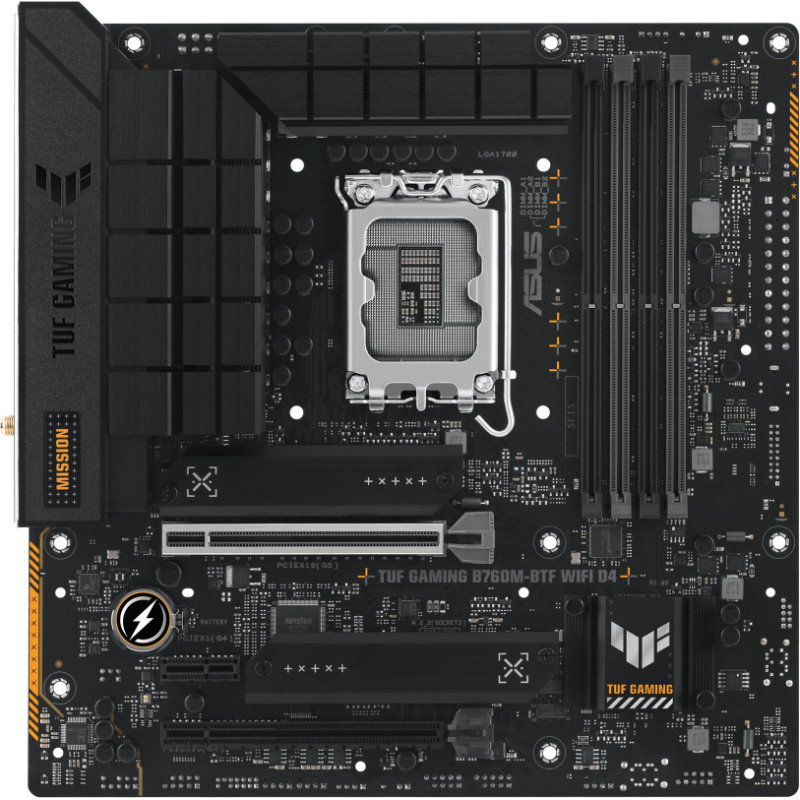 Asus | TUF GAMING B760M-BTF WIFI | Processor family Intel | Processor socket LGA1700 | DDR5 | Supported hard disk drive interfaces M.2, SATA | Number of SATA connectors 4