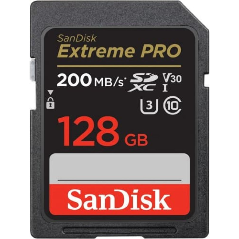 Sandisk Extreme PRO 128GB SDXC Memory Card + 2 years RescuePRO Deluxe up to 200MB/s & 90MB/s Read/Write speeds, UHS-I, Class 10, U3, V30, EAN: 619659188634