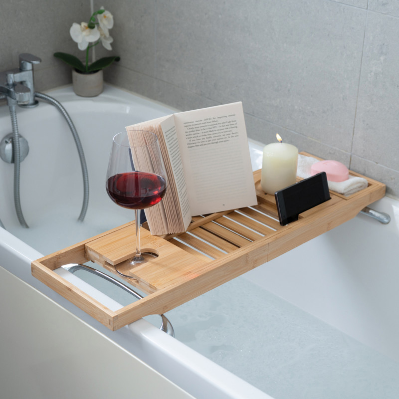 Mad Monkey - Bamboo bath shelf - Adjustable, fits bathtubs up to 1 meter wide - natural