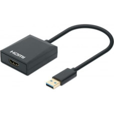 Manhattan USB-A to HDMI Cable, 1080p@60Hz, Converts USB 3.2 Gen1 (aka USB 3.0) signal to HDMI, 15cm, Black, Male to Female, Three Year Warranty