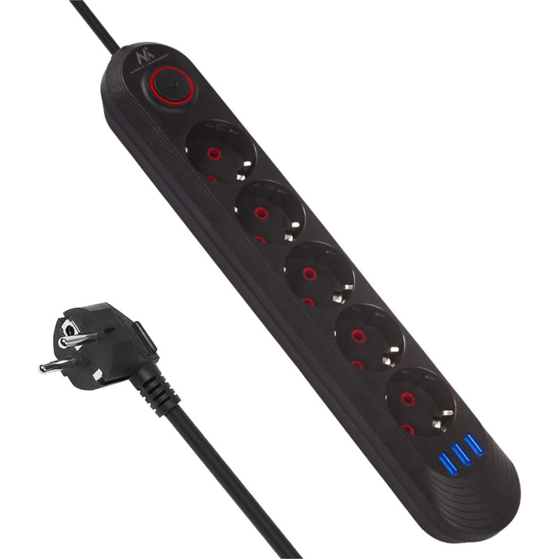 Maclean Power strip MCE395 B 5 sockets 3xUSB, 110-240V AC 50/60Hz, 2.1A max 2500W, black