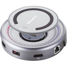 Canyon DS-7, Multiport Docking Station with 5 port, with wireless charger 10W, 2*Type C+1*HDMI+1*USB3.0+1*USB2.0. Input 100-240V, Output USB-C PD100W&USB-A 5V/1A, cable length type c-c 0.3m+micro USB 0.6m, Space gray, 104*104*28mm, 0.203kg
