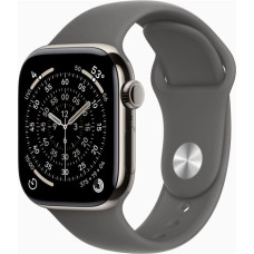 Apple Watch Series 11 GPS + Cellular 42 mm z kopertą w kolorze naturalnego tytanu i paskiem sportowym w kolorze kamiennej szarości – rozmiar M/L