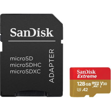 Sandisk Extreme microSDXC 128GB for Action Cams and Drones + SD Adapter + 1 year RescuePRO Deluxe up to 190MB/s & 90MB/s Read/Write speeds A2 C10 V30 UHS-I U3