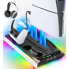 Charging Stand for PS5 Slim with Fan, Station for DualSense/Edge Controller with RGB Light, Headset Hook.3 USB Hubs, Cooler for Playstation 5 Slim Disc & Digital Edition Console 2023