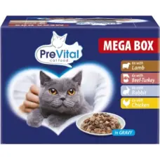 Prevital Cat Food Megabox with Lamb, Beef, Rabbit, and Chicken in Gravy - Wet Cat Food - 24 x 100g