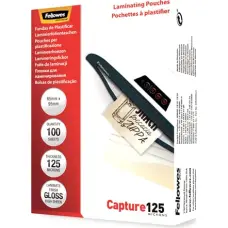 Fellowes | Laminating Pouch - 65x95mm | Glossy | Ideal for identity cards, credit cards, business cards and visitor cards; Capture 125 Micron thickness - providing an advanced level of document protection; Pack size of 100; Compatible with all laminator b